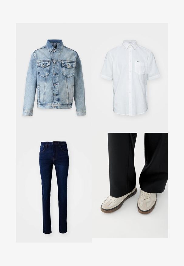 Lyseblå denimjakke med knapper foran, to brystlommer med klapper og knapper samt sidelommer, vist på hvid baggrund.; Hvid kortærmet skjorte lavet af hør, med knapned krave, forlommer og subtile stikninger.; Mørkeblå denimjeans med lige pasform, fem-lomme design og diskret syning. Stoffet har en glat tekstur.; Fødder iført beige sneakers med brune såler og sorte bukser med vide ben på hvid baggrund.
