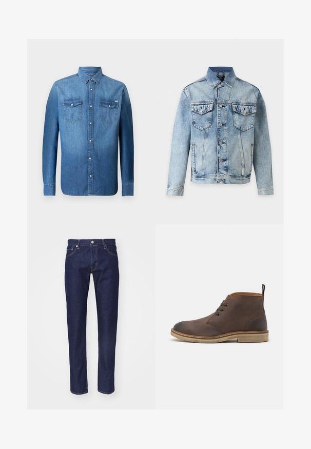 Veste en denim bleu clair avec fermeture à boutons, deux poches poitrine à rabats avec boutons et poches latérales, présentée sur fond blanc.; Chemise en denim bleu moyen, avec des manches longues, une fermeture à boutons sur le devant, deux poches sur la poitrine et un col pointu classique.; Jean en denim bleu marine avec une coupe droite, une conception à cinq poches, des coutures orange contrastées et une fermeture à bouton en métal argenté à la taille.; Bottine en cuir marron à bout rond, avec un laçage et une semelle en caoutchouc crème. Dispose d'une languette à l'arrière.