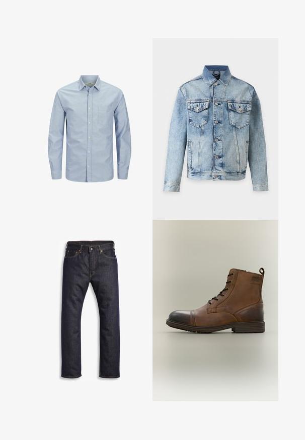 Chaqueta vaquera azul claro con cierre de botones en el frente, dos bolsillos de solapa con botones en el pecho y bolsillos laterales, mostrada sobre fondo blanco.; Camisa de botones de manga larga azul claro con un bolsillo en el pecho izquierdo. Hecha de una tela suave con una textura lisa y un sutil detalle de logo.; Vaqueros de denim azul oscuro con corte recto, diseño de cinco bolsillos, herrajes metálicos y costuras naranjas contrastantes. Textura suave, sin patrones visibles.; Bota de cuero marrón con cordones hasta el tobillo, puntera negra, suela redonda y detalle de marca en el lateral sobre un fondo liso.