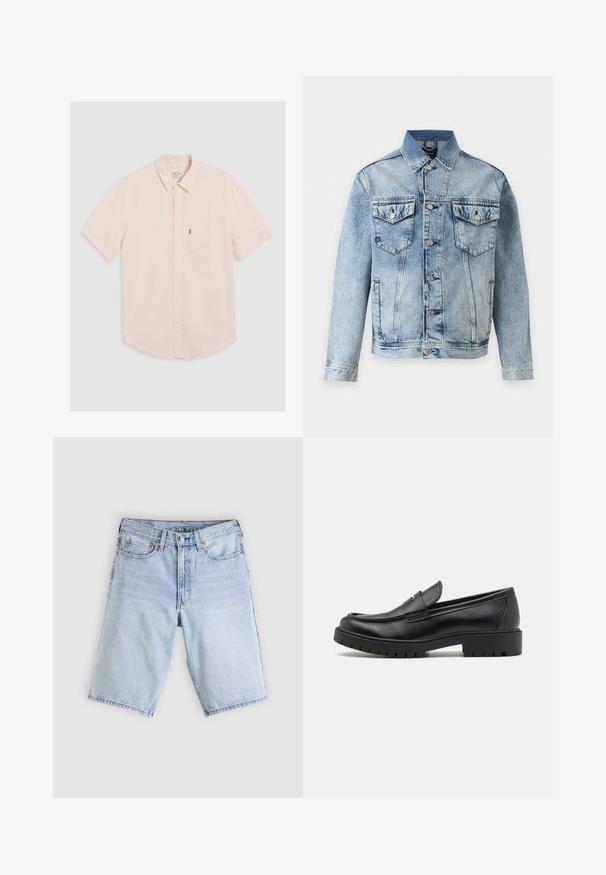 Hellblaue Jeansjacke mit Knopfleiste vorne, zwei Brustklappentaschen mit Knöpfen und Seitentaschen, abgebildet auf weißem Hintergrund.; Kurzärmliges, hellrosa Hemd mit Knopfleiste und Kragen, linke Brusttasche und abgerundetem Saum. Aus weichem Stoff mit minimaler Struktur.; Hellblaue Jeansshorts mit vorderem Knopf und Reißverschluss, Gürtelschlaufen und einem Fünf-Taschen-Design, flach auf einem weißen Hintergrund liegend.; Schwarze Lederloafers mit runder Zehenform, eleganter Schlupfdesign und dicker Gummisohle mit strukturiertem Griff. Erhöhter Absatz und dezente Nähdetails.