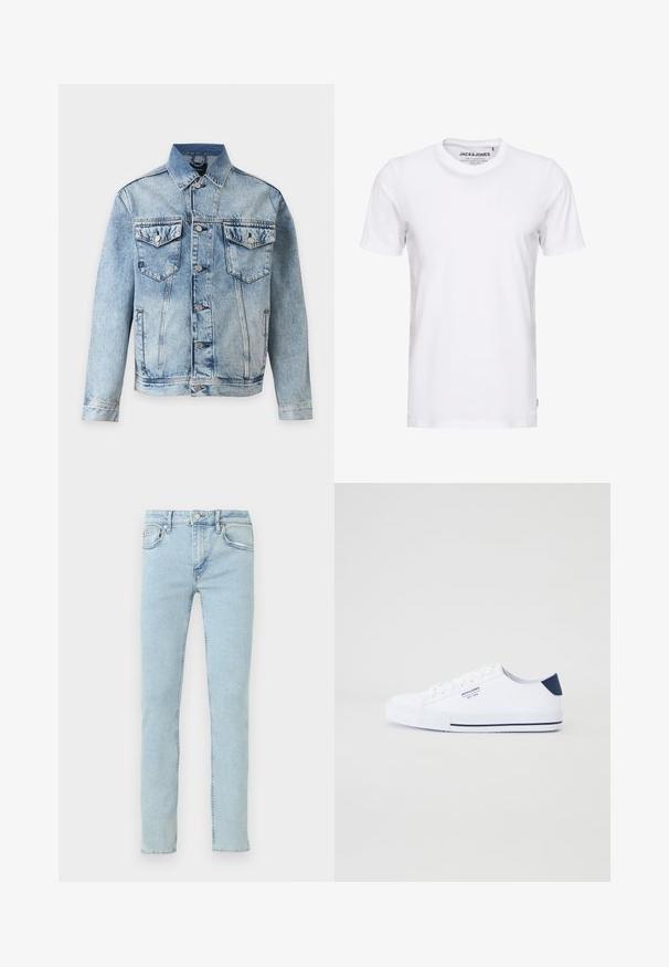 Lichtblauw spijkerjack met knoopsluiting aan de voorkant, twee borstflapzakken met knopen en zijzakken, afgebeeld op een witte achtergrond.; Witte korte mouwen t-shirt van katoen, met een ronde hals en een eenvoudig ontwerp. Merktag zichtbaar op het nekgebied. Geen patronen of accenten.; Lichtblauwe spijkerbroek met rechte pijpen, voorzien van vijf zakken, subtiele vervaging en klassieke stikseldetails.; Witte canvas sneakers met een marineblauwe hielaccent, platte rubberen zool, ronde neus en witte veters. Kenmerkt logo op de zijkant.