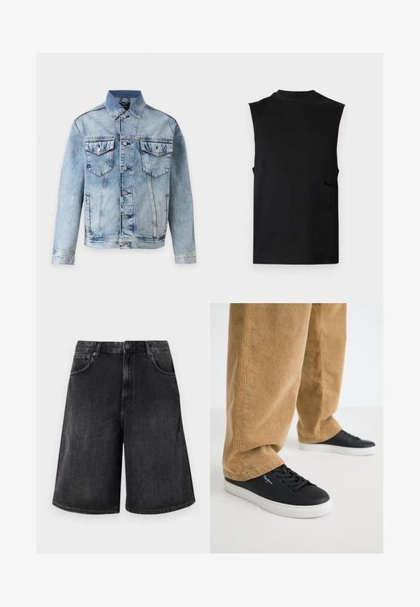 Lyseblå denimjakke med knapper foran, to brystlommer med klapper og knapper samt sidelommer, vist på hvid baggrund.; Sort ærmeløs muskel tanktop med høj rund halsudskæring, lige kant og subtilt logo i den nederste side.; Sorte denimshorts med en bred, lige pasform, der har knaplukning foran og fem lommer. Blød tekstur med en falmet finish.; Sorte lædersneakers med hvide gummisåler. Båret med tanfarvede corduroybukser med vertikale ribber og en afslappet pasform.