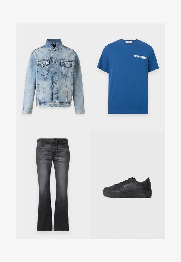 Chaqueta vaquera azul claro con cierre de botones en el frente, dos bolsillos de solapa con botones en el pecho y bolsillos laterales, mostrada sobre fondo blanco.; Camiseta azul de algodón de manga corta con el logo "Replay" en blanco y cuatro franjas de colores en el pecho izquierdo, cuello redondo, espalda lisa.; Jeans negros acampanados de denim, con un lavado desgastado, cinco bolsillos y un cierre frontal de botones con detalles de costura en contraste.; Replay EPIC HIGH - Zapatillas - black