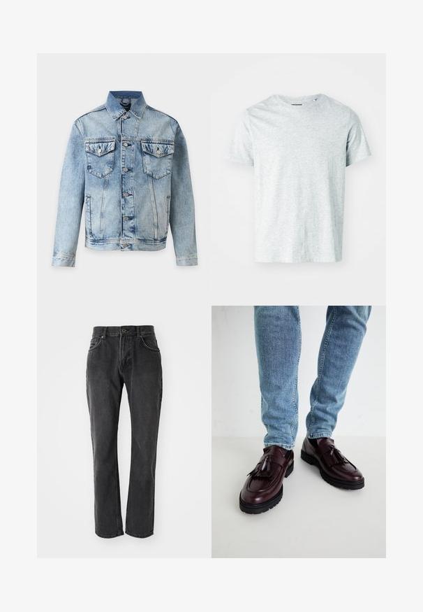 Veste en denim bleu clair avec fermeture à boutons, deux poches poitrine à rabats avec boutons et poches latérales, présentée sur fond blanc.; T-shirt gris clair à manches courtes en tissu doux, avec un col rond et une coupe légèrement décontractée. Aucun motif ou graphique visible.; Jean en denim noir à coupe droite, doté de cinq poches, d'une fermeture à bouton et de coutures décoratives le long des coutures et des poches.; Mocassins en cuir bourgogne avec pompons et dessus texturé, associés à un jean en denim bleu clair. Semelle en caoutchouc noir visible.