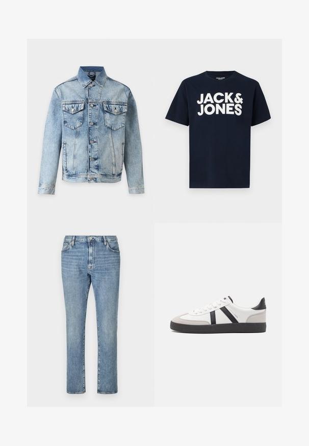 Chaqueta vaquera azul claro con cierre de botones en el frente, dos bolsillos de solapa con botones en el pecho y bolsillos laterales, mostrada sobre fondo blanco.; Camiseta de algodón color azul marino con gran texto blanco "JACK & JONES" en el frente. Mangas cortas y diseño de cuello redondo.; Jeans de denim azul claro con un diseño de pierna recta, que cuentan con cinco bolsillos y cierre de botón frontal. Una textura desgastada añade interés visual.; Zapatilla blanca con acentos en negro y gris, que presenta una puntera texturizada en gris, suela de goma negra y cordones planos blancos. Diseño limpio, estilo minimalista.