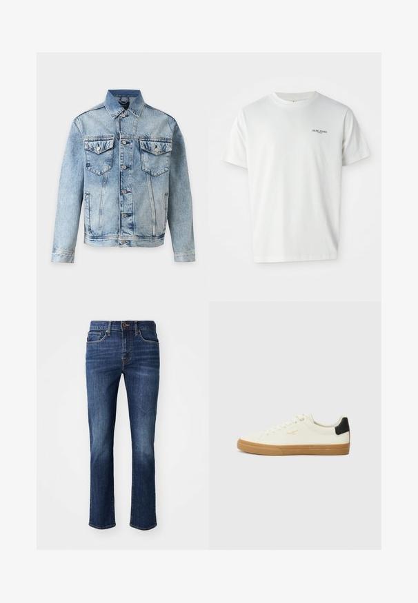 Veste en denim bleu clair avec fermeture à boutons, deux poches poitrine à rabats avec boutons et poches latérales, présentée sur fond blanc.; T-shirt en coton blanc avec un col rond et des manches courtes, arborant un petit logo marine avec l'inscription "PEPE JEANS LONDON" sur la poitrine.; Jean bleu foncé avec une coupe droite. Les caractéristiques incluent une fermeture éclair, des poches avant et un léger décoloration au niveau des cuisses. Fabriqué en tissu denim.; Sneaker en toile blanche avec une semelle en gomme, accent au talon noir, bout rond et design à lacets. Présente le logo de la marque en doré sur le côté.