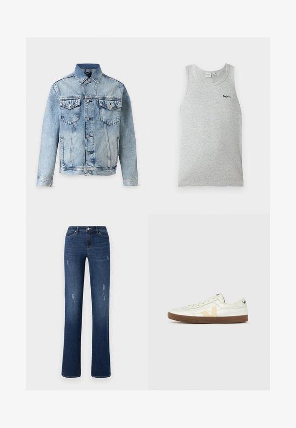 Hellblaue Jeansjacke mit Knopfleiste vorne, zwei Brustklappentaschen mit Knöpfen und Seitentaschen, abgebildet auf weißem Hintergrund.; Hellgraues ärmelloses, geripptes Tanktop mit rundem Ausschnitt und kleinem schwarzem "Pepe Jeans"-Logo auf der linken oberen Brust.; ONLY ONLWAUW MID WAIST - Jeans Slim Fit - dark blue denim; Weißer Sneaker in niedriger Ausführung mit beigem "V"-Logo, brauner Gummisohle, Schnürsenkeln und schwarzem Text an Ferse und Zunge vor neutralem Hintergrund.