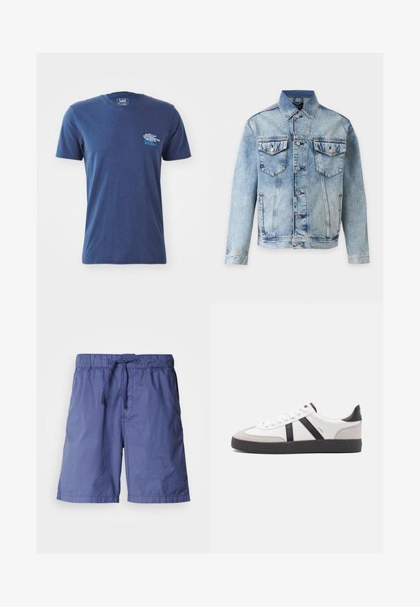 Veste en denim bleu clair avec fermeture à boutons, deux poches poitrine à rabats avec boutons et poches latérales, présentée sur fond blanc.; T-shirt en coton bleu marine avec manches courtes, encolure ronde et un design graphique d'une main et de texte sur la partie gauche de la poitrine.; Shorts de bain bleu marine en tissu léger, dotés d'une ceinture élastique, d'un cordon de serrage réglable et de poches latérales.; Baskets blanches avec des accents noirs et gris, présentant un embout texturé gris, une semelle en caoutchouc noir et des lacets plats blancs. Design épuré, style minimaliste.