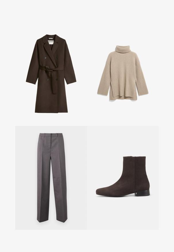 Lang mørkebrun uldfrakke med dobbeltbryst og brede revers, sorte knapper og taljebælte bundet i en knude.; Beige rillede turtleneck sweater med en afslappet pasform, der har lange ærmer og en sideslidskant, lavet af et blødt, tekstureret strikstof.; Grå skræddersyede bukser lavet af struktureret stof, med lige ben, flad front og bæltestropper.; Mørkebrun ruskind ankelstøvle med lav blokhæl og sidelås, slank rundet tå, på ensartet lys baggrund.