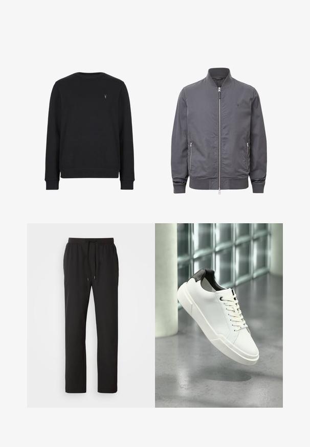 Grå bomberjakke med ribbet krave, lynlåslukning foran og to sidelommer. Glat tekstur med tonal logoaccent på brystet.; Sort sweatshirt lavet af bomuldsblanding, med rund halsudskæring, lange ærmer og et lille broderet logo på brystet.; Sorte joggerbukser lavet af letvægtsstof, med elastisk talje med justerbare snore og sidelommer. Glat tekstur.; Hvid lav tå-sneaker med sort struktureret hælfane, hvide snørebånd og tyk sål på en poleret betongulv nær glasblokke.