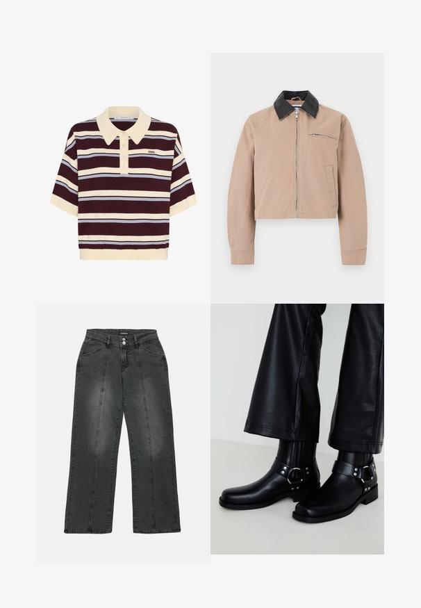 Beige lynlåstrøje med sort krave, to sidelommer og en brystlomme med lynlås med et diskret broderet logo.; Kortærmet polo-shirt i mørkerød og creme striber med lyseblå accenter, der har krave og knaplukning. Blødt strikket stof.; Viddejeans i mørkegrå denim med høj talje, to frontlommer, midtersøm og diskret falmning på stoffet.; Sorte læder ankelstøvler med en rund tå, der har en dekorativ spænde og nitter på remmen samt lodrette ribbede detaljer.