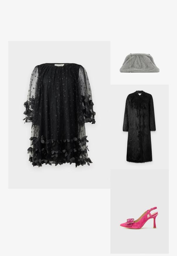 Sort fake pelsjakke med fuldlængde design, lange ærmer og en blød, tekstureret overflade. Har en minimalistisk stil og ingen synlige lukninger.; Sort kjole med gennemsigtige, stjerne-mønstret ærmer og blomsterstofdetaljer ved kanten og manchetterne. Rund halsudskæring, afslappet pasform.; Lyserød ruskind sandal med høj hæl, spids tå og dekoreret med en stor perlebue foran.; Sølv mesh clutch med en samlet design, kædestrop og struktureret overflade. Har en rektangulær form med en struktureret bund.