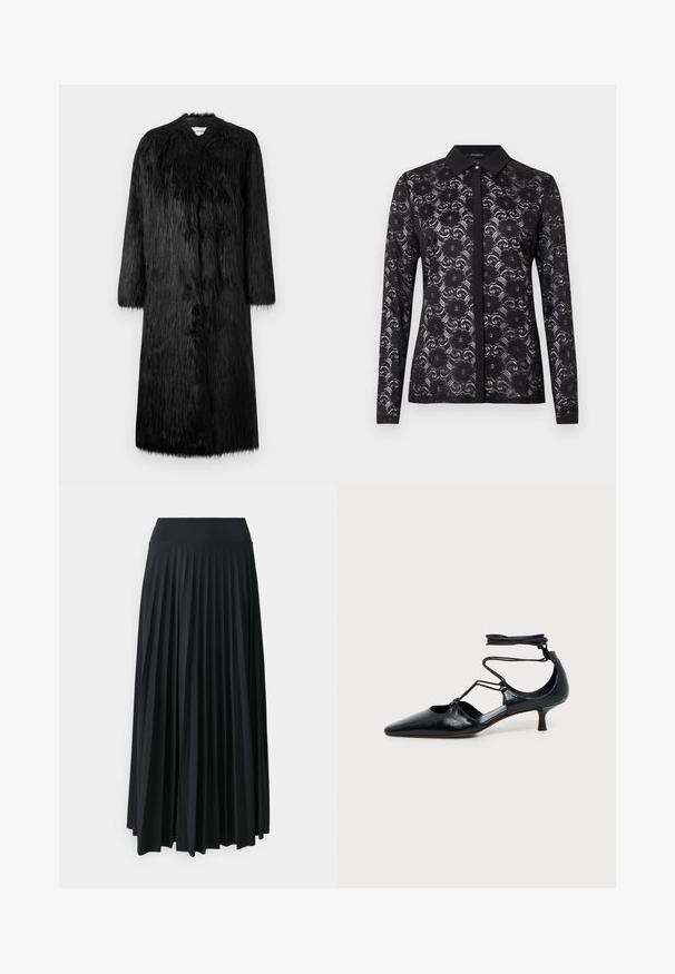 Abrigo de piel sintética negra con un diseño de largo completo, mangas largas y una superficie suave y texturizada. Presenta un estilo minimalista y sin cierres visibles.; Blusa de encaje negro con cuello de solapa, mangas largas, patrón floral y detalles de botones en la parte delantera. Tejido texturizado y semitransparente.; Falda maxi negra con pliegues y cinturilla elástica ancha. Fabricada con un tejido suave y fluido, presenta pliegues verticales para añadir textura.; Zapato negro de tacón bajo tipo kitten con puntera puntiaguda, tiras alrededor del tobillo y detalles de recortes a los lados, mostrado sobre un fondo claro y liso.