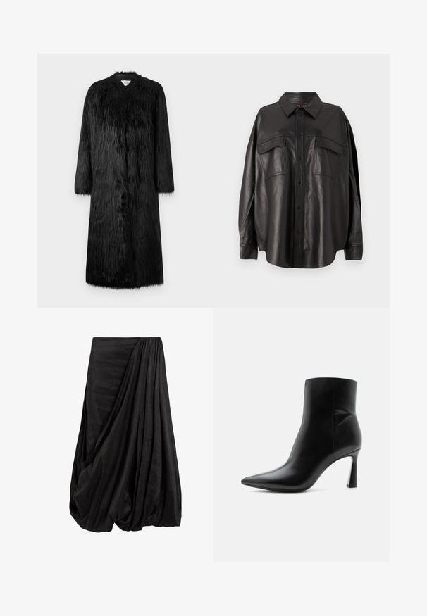 Manteau en fausse fourrure noire au design long, avec des manches longues et une surface douce et texturée. Il présente un style minimaliste sans fermetures visibles.; Chemise en cuir noir avec un devant à boutons, un col pointu et deux poches poitrine. Elle présente une coupe ample et une texture lisse.; Jupe drapée noire en tissu doux, présentant des plis intricats et une silhouette fluide avec un détail de taille froncée.; Bottine en cuir noir avec bout pointu et talon aiguille fin et haut, vue de profil sur fond blanc.