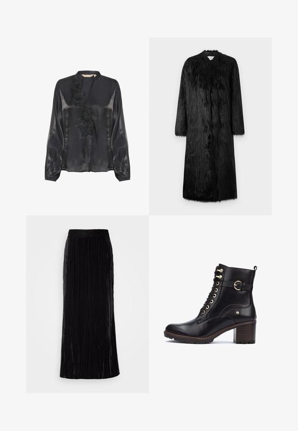 Must mustraamiga must faux karvaga mantel, millel on täispikk disain, pikad varrukad ja pehme, tekstureeritud pind. Omab minimalistlikku stiili ja nähtavaid kinnitusi ei ole.; Culture CUFIOLA - Pluus - black; Mustmust muströöd, mis on varustatud vertikaalsete voldikute ja lainelise pitsvööga. Kanga pealispind on pehme ja tekstuurse välimusega.; Mustad musta nahast pahkluu saapad kuldsete detailidega, ümar nina, nööbitav disain ja massiivne puidust viimistlusega konts. Sobil on külgrihm.