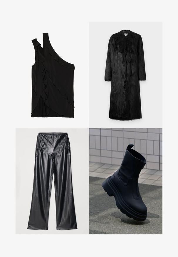 Manteau en fausse fourrure noire au design long, avec des manches longues et une surface douce et texturée. Il présente un style minimaliste sans fermetures visibles.; Haut asymétrique noir en tissu doux avec des volants sur le côté et une seule bretelle. Texture lisse avec des éléments de design drapés.; Pantalons en simili cuir noir avec une texture lisse, des jambes larges et des coutures le long de la taille et des côtés. Présentation à plat.; Bottine noire en cuir lisse, dotée d'une fermeture éclair latérale, d'une semelle épaisse et d'une languette pour un enfilage facile. Semelle texturée pour une meilleure adhérence.