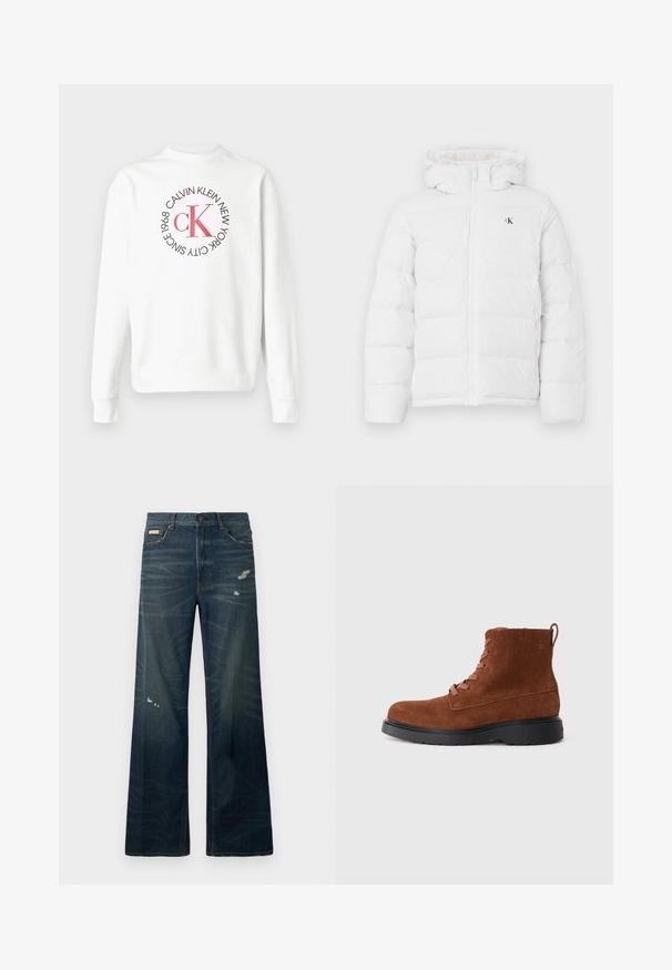 Veste blanche rembourrée avec capuche, fermeture éclair sur le devant, poches latérales et petit logo "cK" noir sur la poitrine.; Sweat-shirt blanc à manches longues avec col rond et logo CK rouge entouré de texte noir indiquant "Calvin Klein New York City Since 1968" sur le devant.; Jeans en denim foncé à jambes larges, avec des zones de décoloration légère et de distorsion. Comprend une fermeture à bouton et un design classique à cinq poches.; Bottine en suédine brun avec bout arrondi, semelle en caoutchouc noir et design à lacets assortis. Présente une languette à l'arrière pour faciliter l'enfilage.