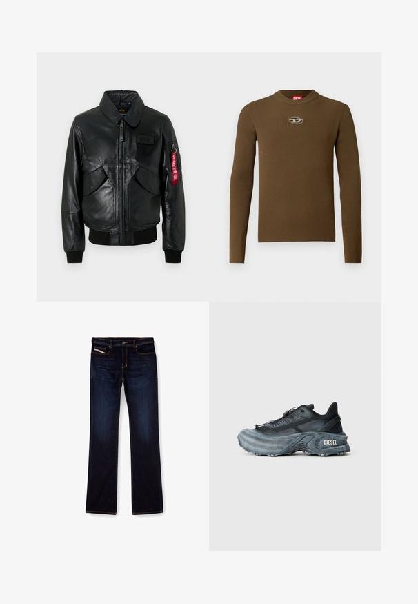 Zwarte leren bomberjack met ritssluiting aan de voorkant, twee schuine zakken, geribbelde manchetten en zoom, en een rode "Remove Before Flight"-label aan het zakje op de linker mouw.; Bruine geribbelde longsleeve top met een ronde hals en een logo patch op de borst. De textuur is glad en aansluitend, gemaakt van rekbaar materiaal.; Donkerblauwe denim jeans met een rechte pijp, voorzien van oranje stiksels, een ritssluiting en voorzakken. Glad oppervlak en een standaard tailleband.; Zwarte en grijze Diesel sneakers met dikke zool, vetersluiting en gestructureerd ontwerp op een effen lichtgrijze achtergrond.