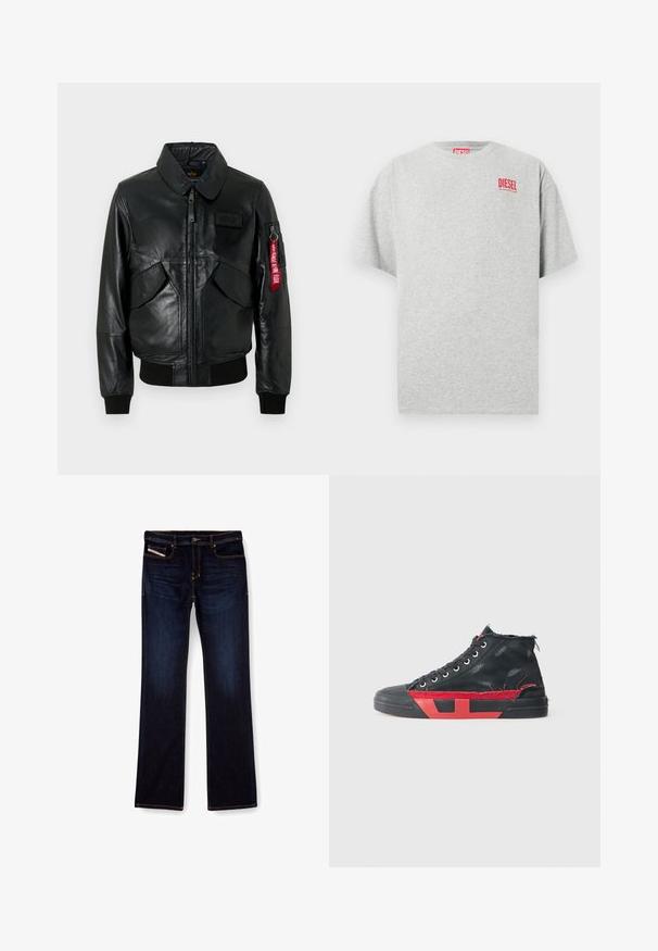 Schwarze Leder-Bomberjacke mit Frontreißverschluss, zwei schrägen Taschen, gerippten Bündchen und Saum sowie rotem "Remove Before Flight"-Anhänger an der linken Ärmeltasche.; Graues Baumwoll-T-Shirt mit rundem Ausschnitt und kurzen Ärmeln. Mit einem kleinen roten "DIESEL"-Logo auf der Brust. Glatte Textur.; Dunkelblaue Jeans aus Denim mit geradem Bein, ausgestattet mit orangefarbenen Nähten, einem Reißverschluss und Vordertaschen. Glatte Textur und Standardbund.; Schwarze High-Top-Sneaker mit roten Akzenten und einem abgenutzten Finish. Verfügt über ein strukturiertes Canvas-Obermaterial und eine Gummisohle mit Ausschnitt-Design.
