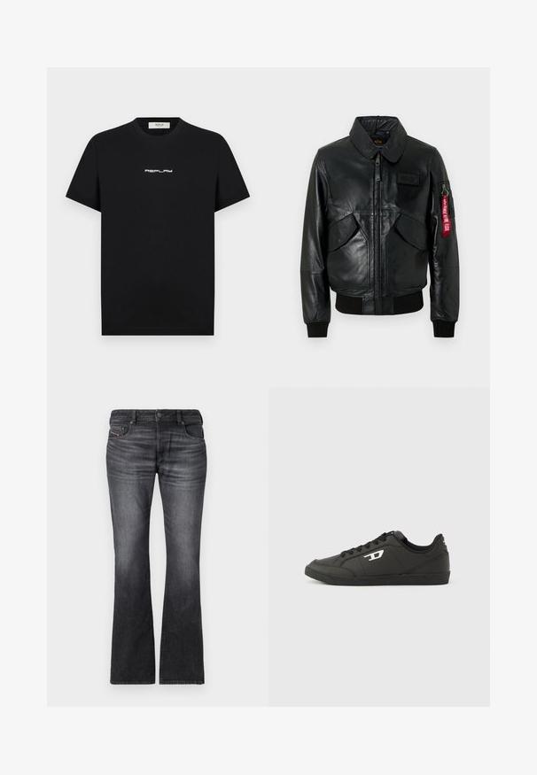 Blouson aviateur en cuir noir avec fermeture éclair à l'avant, deux poches inclinées, poignets et ourlet côtelés, et étiquette rouge "Remove Before Flight" sur la poche de la manche gauche.; T-shirt en coton noir à manches courtes et col rond, arborant un logo blanc "REPLAY" centré sur la poitrine.; Jean noir évasé en denim, présentant un délavage, cinq poches et une fermeture à bouton à l'avant avec des détails de couture contrastants.; Baskets synthétiques noires avec une semelle noire texturée, un bout rond et des lacets plats noirs. Logo blanc remarquablement placé sur le côté extérieur.