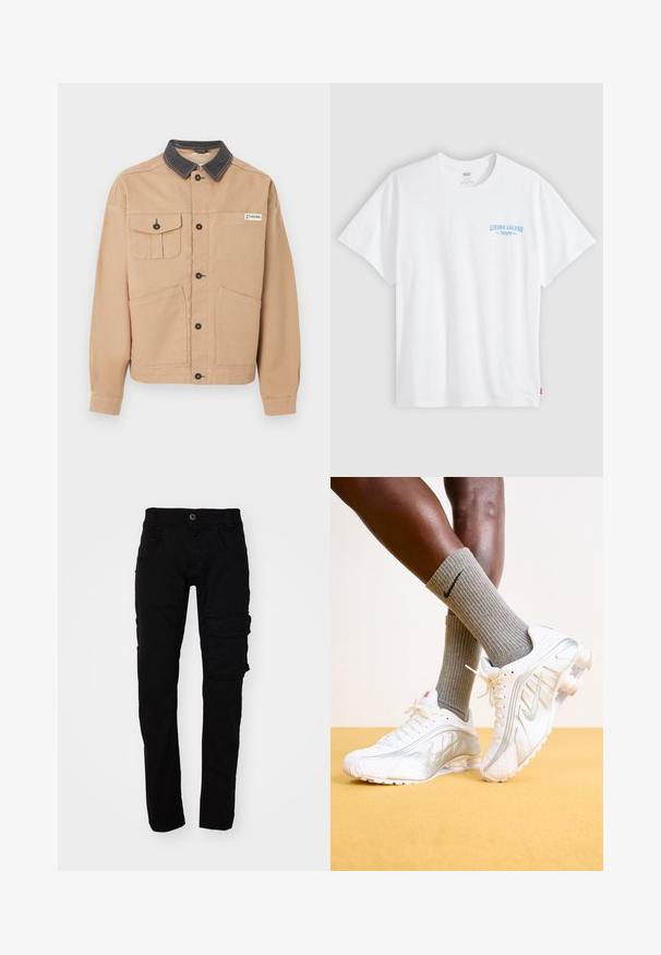 Veste beige avec col noir, fermeture à boutons, deux grandes poches basses, une poche poitrine à bouton, et le logo Columbia sur la poitrine.; T-shirt blanc à manches courtes avec un petit texte bleu "LIVING LEGEND" imprimé sur le côté gauche de la poitrine, sur un fond gris uni.; Pantalons cargo noirs avec une coupe ajustée, fabriqués en tissu en coton durable. Comprend plusieurs poches et une fermeture à bouton à la taille.; Baskets Nike blanches avec des accents argentés, présentant des panneaux texturés et des perforations. Assorties à des chaussettes grises à côtes, sur un fond jaune.