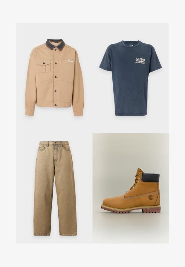 Beige jas met zwarte kraag, knopen aan de voorkant, twee grote lagere zakken, één borstzak met knoop en het Columbia-logo op de borst.; Korte mouwen, marineblauwe katoenen t-shirt met een print aan de voorkant met "No 94" en "DC Shoes" in een contrasterende lichtkleur. Klassiek model met ronde hals.; Tan denim jeans met een rechte pijpontwerp, voorzien van een rits, riemlussen en contrasterende stiksels. Geen opvallende patronen of hardwaredetails.; Bruine leren enkellaars met zwarte kraag, gele veters en een zandkleurige zool. Voorzien van een logo en witte stikseldetails. Robuuste loopzool met grip.