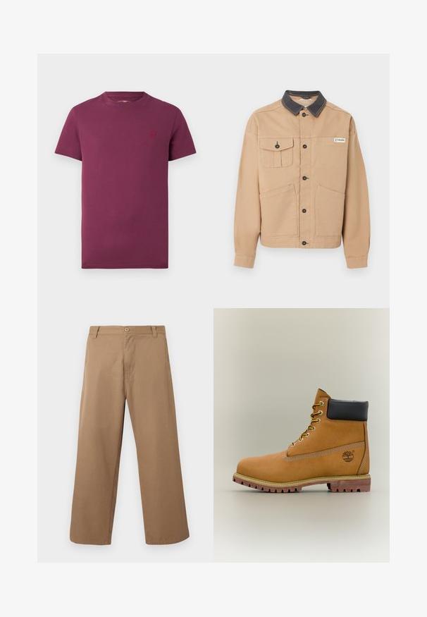 Beige takki mustalla kauluksella, napitettu edestä, kaksi suurta alaosassa olevaa taskua, yksi napillinen rintatasku ja Columbia-logo rinnassa.; Burgundin lyhythihainen t-paita, joka on valmistettu puuvillasta. Paita on varustettu pyöreällä kauluksella ja vasemman rinnan kohdalla on pieni brodeerattu logo. Pinta on sileä.; Beiget, leveälahkeiset housut, joissa on vyölenkit, edessä nappi ja vetoketjusuljenta, esitetty yksinkertaista vaaleaa taustaa vasten.; Ruskeat nahkaiset nilkkurit, joissa musta kaulus, keltaiset nauhat ja vaalea pohja. Varustettu logolla ja valkoisilla sauman yksityiskohdilla. Kestävä, pitävä ulkopohja.
