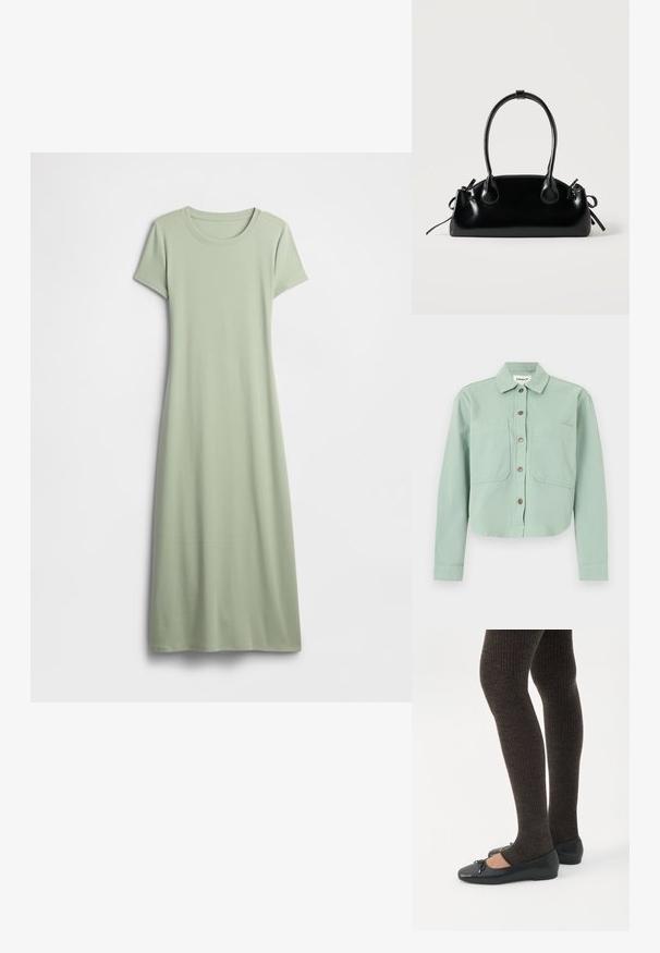 Groen cropped shirt met een kraag, twee borstzakken en een knoopsluiting. Gemaakt van een gestructureerde stof met een zachte afwerking.; Korte mouw jurk in lichtgroen, gemaakt van zacht stof. Heeft een ronde halslijn en een lang, vloeiend ontwerp zonder versieringen.; Benen met donkere geribbelde leggings gecombineerd met zwarte ballerina's met kleine strikdetails op een witte achtergrond.; Kleine zwarte glanzende handtas met twee lange hengsels en zijkant trekkoord details op een effen lichte achtergrond.