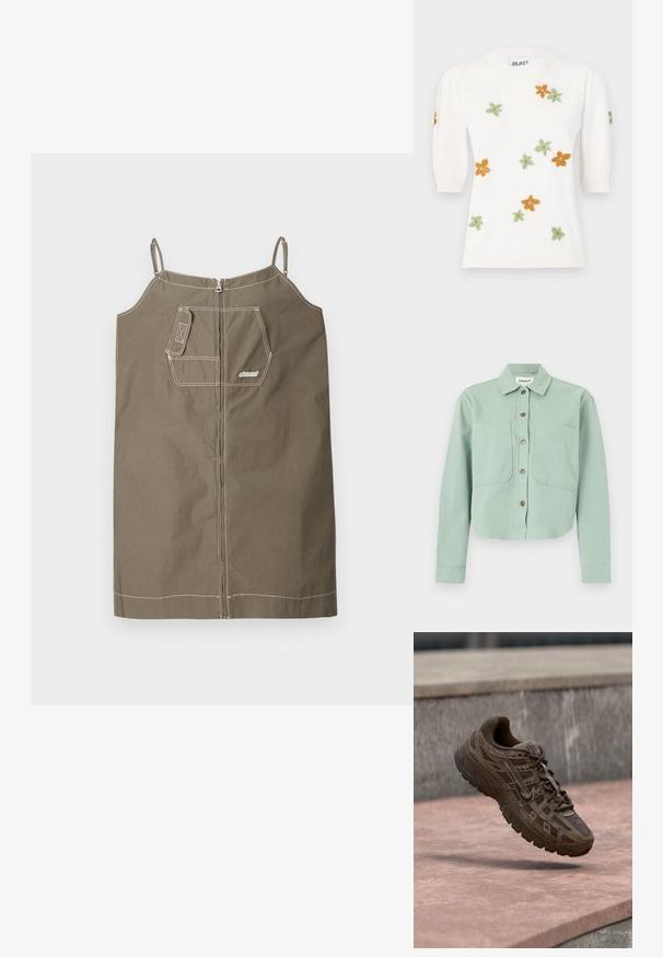 Chemise verte courte avec un col à revers, deux poches avant et une fermeture à boutons. Confectionnée dans un tissu texturé avec une finition douce.; Pull blanc à manches courtes bouffantes, orné de broderies florales orange, vert et jaune. Encolure ronde classique et bord ribbé.; Robe sans manches vert olive en coton avec fermeture éclair. Dispose d'une poche poitrine unique, de coutures contrastantes et de bretelles ajustables.; Chaussure de course Nike marron avec motifs texturés et lacets flottant au-dessus d'une surface en béton avec des marches en pierre en arrière-plan.