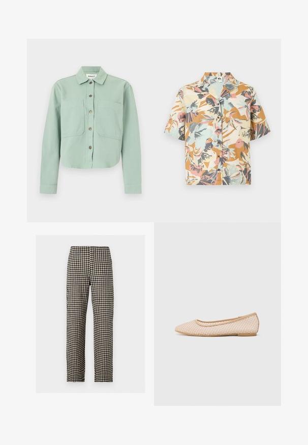 Grøn cropped skjorte med krave, to forlommer og knaplukning. Fremstillet af et tekstureret stof med en blød finish.; Kortærmet skjorte med knapper foran og et multifarvet blomstermønster i nuancerne beige, brun, koral, grå og lyseblå.; Sort og beige ternede bukser med lige ben, flad front og mellemhøjt talje på en ensfarvet hvid baggrund.; Balletflade med spids tå, lavet af vævet beige materiale, med en fleksibel sål og en glat kant.