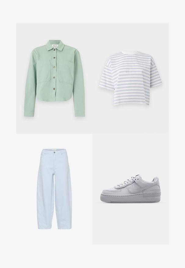 Grøn cropped skjorte med krave, to forlommer og knaplukning. Fremstillet af et tekstureret stof med en blød finish.; Hvid og lysegrå kortærmet cropped T-shirt med vandret stribet mønster og rund hals på ensfarvet baggrund.; Lysblå bredbenede jeans lavet af denim, med et klassisk femlomme-design, knaplukning og pæne stikninger.; Grå Nike Air Force 1 sneakers med perforeret tå, glat læderoverdel, tyk sål og præget 'AIR' detalje på hælen.