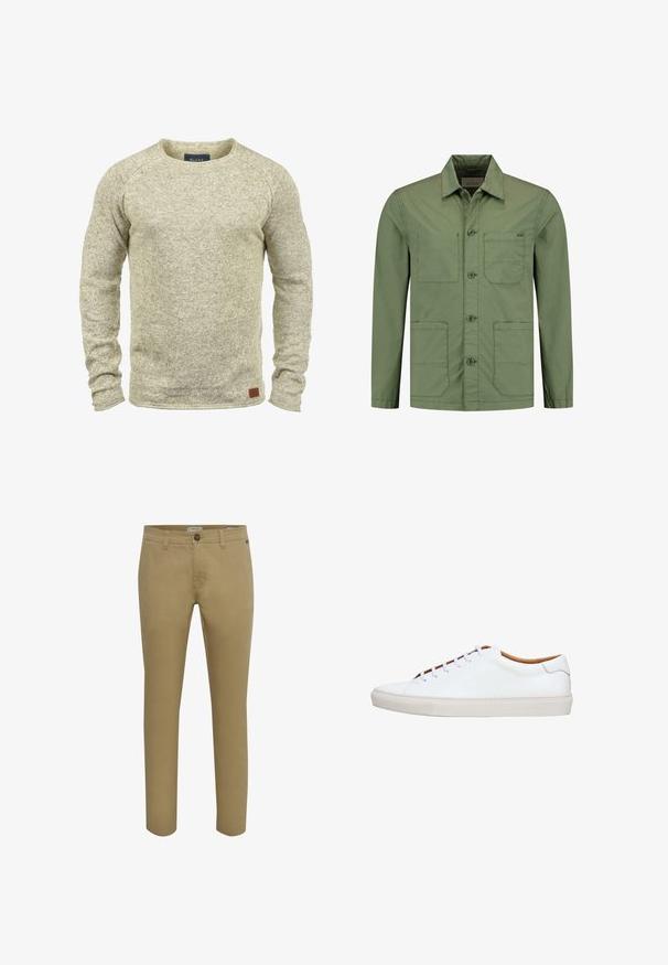 Veste en coton vert avec un col, une fermeture à boutons sur le devant, deux grandes poches poitrine et des poches latérales inférieures supplémentaires.; Pull en tricot beige clair avec des manches longues, un col rond et une finition texturée. Il présente une petite étiquette en cuir marron sur l'ourlet.; Pantalon droit beige en mélange de coton doux, avec fermeture à bouton, passants de ceinture et poches avant et arrière. Texture lisse.; Baskets en cuir blanc avec une semelle en caoutchouc texturée, bout rond et intérieur contrastant beige. Comprend cinq œillets et des lacets blancs.