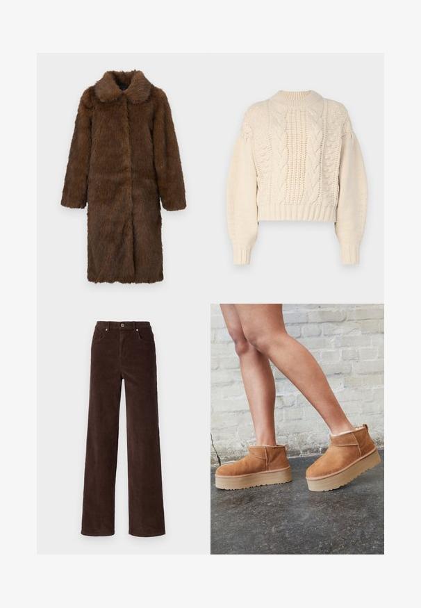 Bruine nepbontjas met een brede kraag, lange mouwen en een middellange snit. De textuur lijkt zacht en harig, wat een luxueuze uitstraling creëert.; Romantische, cropped sweater in crèmekleur met een gestructureerde breiwijze, voorzien van kabelpatronen en geribde mouwen. De stof lijkt zacht en chunky.; Vero Moda VMTESSA WIDE PANTS - Broek - chocolate torte; Bruine suède enkelboots met een zachte voering, dikke beige plateauzool en een achterste lus. Getextureerde oppervlakte met zichtbare stiksels.