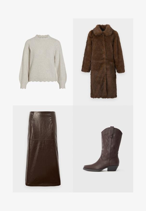 Brauner Kunstfellmantel mit breitem Kragen, langen Ärmeln und mittellanger Passform. Die Textur wirkt weich und fusselig und erzeugt einen plüschigen Look.; Helle beige Strickjacke mit einem gerippten, gewellten Ausschnitt und Saum. Verfügt über lange, ballonförmige Ärmel und einen weichen, strukturierten Stoff.; Brauner Lederrock mit einer glatten Textur, gerader Silhouette und dezentem Glanz. Besitzt einen knielangen Schnitt und minimale Nähdetails.; Brauner Leder-Westernstiefel mit spitzer Zehenpartie, dekorativer Naht am Schaft und niedrigem, gestapeltem Absatz. Glatte Textur und geschwungenes Design.