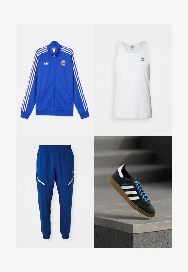 Blå sportjakke med lynlås med hvide Adidas-striber på ærmerne, Adidas-logo på venstre bryst og Argentina Football Association-emblem på højre bryst.; Hvid ribbet tanktop med rund halsudskæring, sort Adidas-logo på venstre bryst og uden ærmer. Blødt bommateriale, afslappet pasform.; Royal blue træningsbukser med elastisk talje og manchetter, hvide buede reflekterende striber på lårene og lille hvidt logo på højre side.; Sort Adidas sneaker med hvide striber, blå snørebånd og gummisål, der svæver over gråt betontrin i blødt lys.