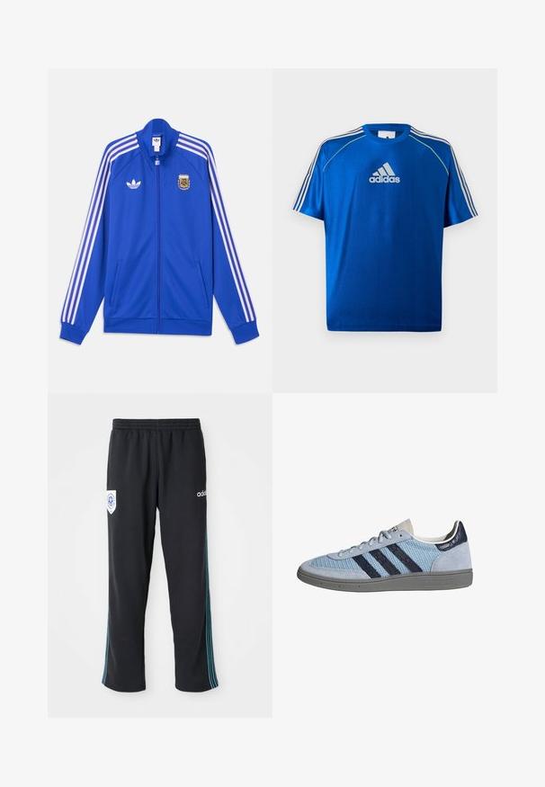 Blaue Sportjacke mit Reißverschluss, weißen Adidas-Streifen an den Ärmeln, Adidas-Logo auf der linken Brust und Emblem des Argentinischen Fußballverbands auf der rechten Brust.; Blaues Adidas Sport-T-Shirt mit weißem Logo auf der Brust, weißen Streifen auf den Schultern und neon-gelber Paspelierung an den Schulternähten.; Schwarze Polyester-Sporthosen mit elastischem Bund, ausgestattet mit einem blauen Streifen an der Seite und einem Logo auf der linken Vorderseite der Hüfte.; Hellblauer Adidas-Sneaker mit dunkelblauen Streifen, Wildleder an Zehen- und Fersenbereich, strukturierte Sohle und Schnürverschluss, Seitenansicht auf weißem Hintergrund.