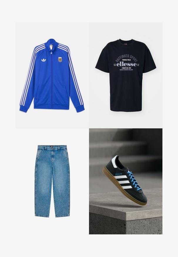 Sinine lukuga spordijakk valgete Adidas triipudega varrukatel, Adidas logo vasakul rinnal ning Argentina Jalgpalliliidu vapp paremal rinnal.; Must musta T-särk, millel on ümar krae. Esipooles on valge trükitekst, mis ütleb "Raffinato Sport" ja "ellesse", koos retro detailidega.; Heledad sinine denimid, millel on sirge sääre disain. Omab ees taskuid, luku sulgemist ja kontrastset õmblust õmblustel.; Must Adidas toss valgete triibu, siniste paelte ja kummist tallaga, hõljuv pehme valgusega halli betoonastme kohal.