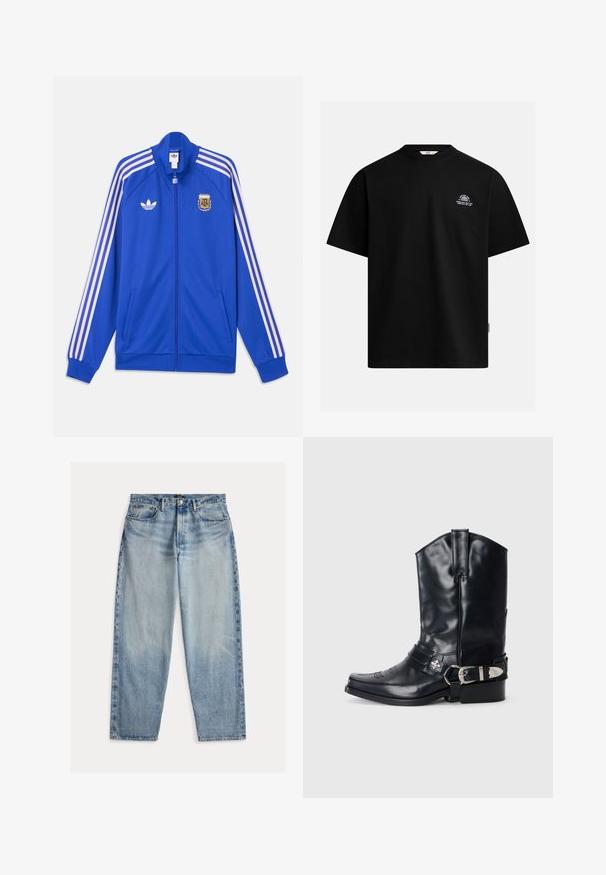 Blaue Sportjacke mit Reißverschluss, weißen Adidas-Streifen an den Ärmeln, Adidas-Logo auf der linken Brust und Emblem des Argentinischen Fußballverbands auf der rechten Brust.; Schwarzes T-Shirt mit kurzen Ärmeln und Rundhalsausschnitt, mit kleinem weißen Halbkreis-Logo und Schriftzug "SMOKE LIKE A CIGGY AVE COME WITH THE TIDE" auf der linken Brust.; Hellblaue Jeans aus Denim mit lockerem Schnitt. Sie haben eine hohe Taille, fünf Taschen und sichtbare Nähte. Die Oberfläche ist leicht strukturiert.; Schwarze Ledersporenstiefel mit spitzem Zeh, hohem Schaft, dekorativer Stickerei und silberner Schnallenhardware am Riemen. Strukturiertes Finish.