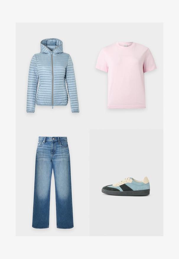 Veste matelassée bleu clair avec capuche, manches longues et fermeture éclair frontale.; T-shirt rose clair à manches courtes et col rond avec un logo "Calvin Klein" en relief subtil centré sur la poitrine.; Jean denim bleu à jambes droites avec fermeture à boutons et glissière, design à cinq poches et délavage sur les cuisses et les genoux.; Baskets basses en suède bleu clair, vert foncé et beige avec semelle noire et lacets beiges, présentées de l'extérieur.
