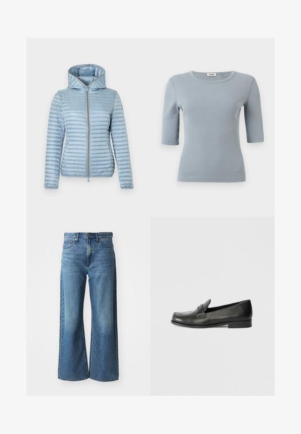 Light blue quilted puffer jacket with hood, long sleeves, and front zipper closure.; Light blue ribbed short-sleeve knit top with round neckline and slim fit, labeled "Drykorn" inside the collar.; Wide-leg blue denim jeans with a mid-rise waistband, five pockets, and subtle fading. Features include belt loops and stitched detailing.; Black leather loafers with a rounded toe, raised stitching details, and a low stacked heel. Smooth texture with a subtle shine.