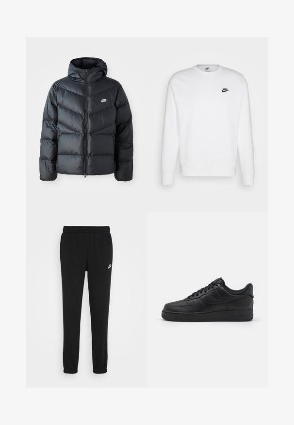 Sort dunjakke med hætte, der har lynlås foran, chevron quiltet design, sidelommer og Nike-logo på brystet.; Hvid sweatshirt lavet af bomuld med lange ærmer, rund halsudskæring og sort Nike-logo på venstre bryst. Blød tekstur med ribbede manchetter.; Sorte sweatpants med elastisk talje, ribbede ankler og et lille hvidt Nike-logo på venstre side. Fremstillet af blødt strukturstof.; Nike Sportswear AIR FORCE 1 07 FLYEASE - Sneakers - black