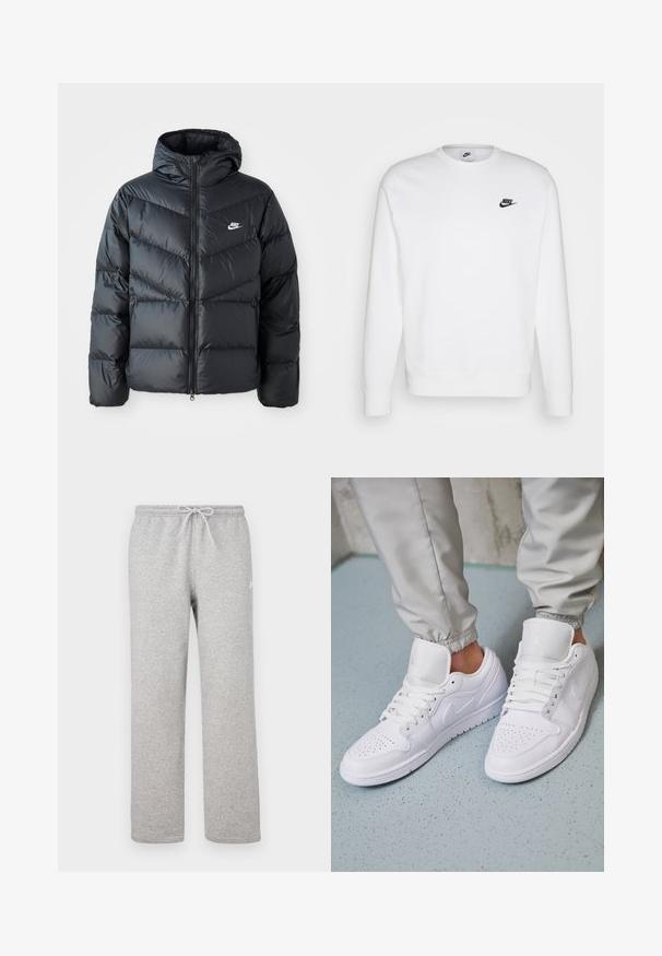 Zwarte pufferjack met capuchon, voorzien van een ritssluiting aan de voorkant, een chevron-quilt ontwerp, zijzakken en het Nike-logo op de borst.; Witte sweatshirt van katoen met lange mouwen, ronde halslijn en zwart Nike-logo op de linker borst. Zachte textuur met ribbeen manchetten.; Grijze joggingbroek met een elastische tailleband en trekkoord. Gemaakt van zachte stof, met rechte pijpen en subtiel logodetail.; Witte leren sneakers met een geperforeerde neus, platte veters, een gepolsterde kraag en het Jordan-logo op de tong. Gediend met grijze joggers.