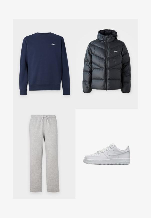 Chaqueta acolchada negra con capucha, con cierre de cremallera al frente, diseño de acolchado en forma de chevron, bolsillos laterales y logo de Nike en el pecho.; Sudadera azul marino hecha de tela suave, con cuello redondo y mangas largas, con un pequeño logo blanco de Nike en el pecho.; Pantalones deportivos grises con cintura elástica y cordón ajustable. Fabricados con tela suave, cuentan con piernas rectas y un sutil detalle de logotipo.; Zapatilla Nike Air Force 1 de perfil bajo completamente blanca, con puntera perforada, cierre de cordones y el logo de Nike en relieve en el lateral.