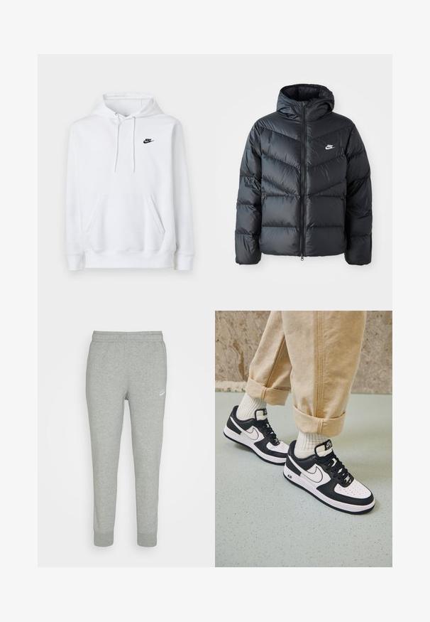 Doudoune noire avec capuche, avec fermeture éclair à l'avant, design matelassé en chevrons, poches latérales et logo Nike sur la poitrine.; Sweat à capuche blanc avec poche kangourou devant, cordon de serrage et petit logo Nike noir sur la poitrine gauche.; Pantalons de survêtement gris en tissu doux, avec une coupe fuselée, une taille élastique et un petit logo Nike blanc sur la cuisse gauche.; Baskets Nike Air Force 1 en noir et blanc avec un dessus en cuir, orteil perforé et détail de semelle texturée, portées avec un pantalon beige retroussé et des chaussettes blanches.
