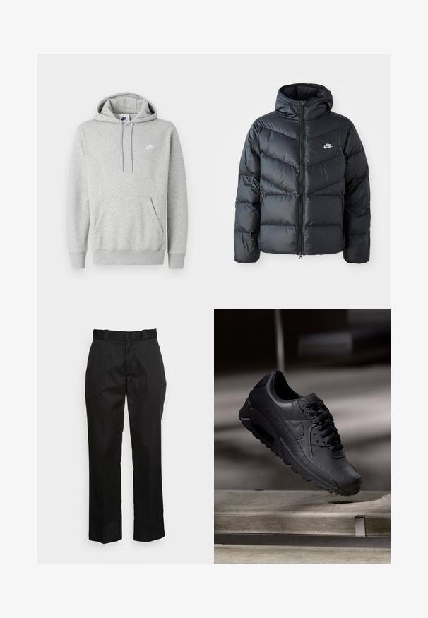 Chaqueta acolchada negra con capucha, con cierre de cremallera al frente, diseño de acolchado en forma de chevron, bolsillos laterales y logo de Nike en el pecho.; Sudadera con capucha de color gris claro hecha de tela suave, con un bolsillo tipo canguro, capucha con cordón y un pequeño logo blanco en el pecho.; Pantalones negros hechos de una tela suave, con un diseño de pierna recta, trabillas para cinturón y dos bolsillos laterales. Un aspecto clásico sin adornos.; Zapatillas Nike Air Max negras con parte superior de cuero texturizado, suela de goma y un sistema de cordones prominente, que muestran un diseño elegante y moderno.