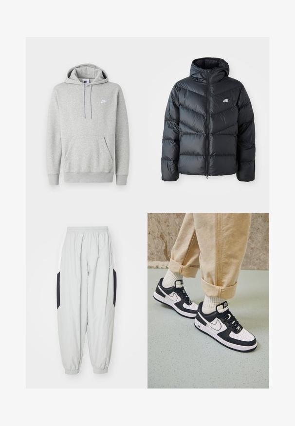 Sort dunjakke med hætte, der har lynlås foran, chevron quiltet design, sidelommer og Nike-logo på brystet.; Lysegrå hættetrøje lavet af blødt stof, med kængurulomme, snørre i hætten og et lille hvidt logo på brystet.; Lys grå træningsbukser lavet af letvægtsstof, med elastisk talje og manchetter, samt kontrasterende sorte og hvide sidelapper.; Sorte og hvide Nike Air Force 1 sneakers med læderoverdel, perforeret tå og tekstureret såldetalje, båret med rullede beige bukser og hvide sokker.