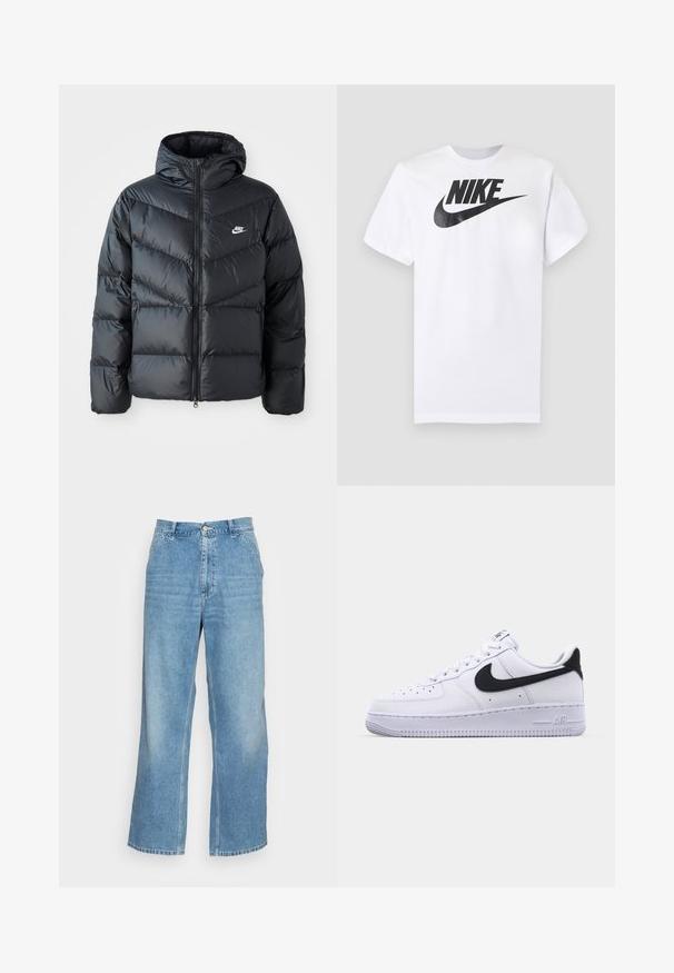 Zwarte pufferjack met capuchon, voorzien van een ritssluiting aan de voorkant, een chevron-quilt ontwerp, zijzakken en het Nike-logo op de borst.; Wit T-shirt met korte mouwen met zwart Nike-logo en swoosh gecentreerd op de borst tegen een effen grijze achtergrond.; Lichtblauwe wijde jeans gemaakt van denim. Heeft een hoge taille, knoopsluiting en een standaard vijf-pocket ontwerp. Gladde textuur.; Witte leren sneaker met een gestructureerde zwarte Swoosh, platte veters en een rubberen zool met een geribbeld patroon. "AIR" is in de hak geperst.