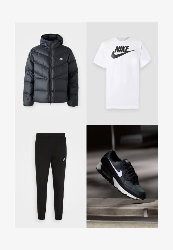 Schwarze Pufferjacke mit Kapuze, mit Reißverschluss vorne, Chevron-Steppdesign, Seiten Taschen und Nike-Logo auf der Brust.; Weißes kurzärmeliges T-Shirt mit schwarzem Nike-Logo und Swoosh, zentriert auf der Brust, vor einfarbigem grauem Hintergrund.; Schwarze Sweatpants aus weichem Stoff, ausgestattet mit einem elastischen Bund und eng anliegenden Bündchen, mit einem kleinen weißen Nike-Logo auf dem linken Oberschenkel.; Schwarzer und grauer Nike Air Max Sneaker mit weißem Swoosh, schwebend über einer Betonfläche vor einem verschwommenen dunklen Hintergrund.
