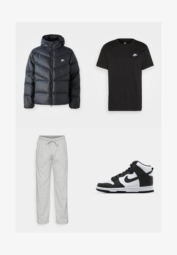 Čierna prešívaná bunda s kapucňou, disponujúca zipsovým uzáverom, dizajnom v tvare chevronu, bočnými vreckami a logom Nike na hrudi.; Čierne bavlnené tričko s krátkymi rukávmi, okrúhlym výstrihom a malým bielym logom Nike na hornej ľavej strane hrudníka. Hladká textura. Klasický strih.; Svetlošedé teplákové nohavice vyrobené z jemného materiálu. Obsahujú elastický pás na šnurovanie a čierne logo Nike na ľavom stehne.; Čierno-biele vysoké tenisky s koženým zvrškom, perforovanou špičkou, výrazným logom swoosh a textúrovanou gumovou podrážkou.