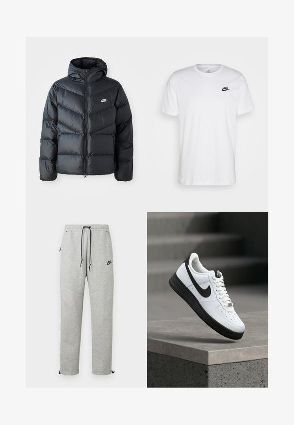 Schwarze Pufferjacke mit Kapuze, mit Reißverschluss vorne, Chevron-Steppdesign, Seiten Taschen und Nike-Logo auf der Brust.; Weißes Baumwoll-T-Shirt mit Rundhalsausschnitt, kurzen Ärmeln und einem schwarzen Nike-Logo auf der linken Brust. Einfaches, einfarbiges Design.; Graue Nike Sweatpants mit einem Kordelzugbund, Seitentaschen und elastischen Bündchen. Sie haben eine glatte Textur und ein kontrastierendes schwarzes Logodetail.; Weißer Ledersneaker mit schwarzen Akzenten, abgerundetem Zehenbereich und perforierten Details. Schwarze Gummisohle mit strukturiertem Muster und Schnürverschluss.